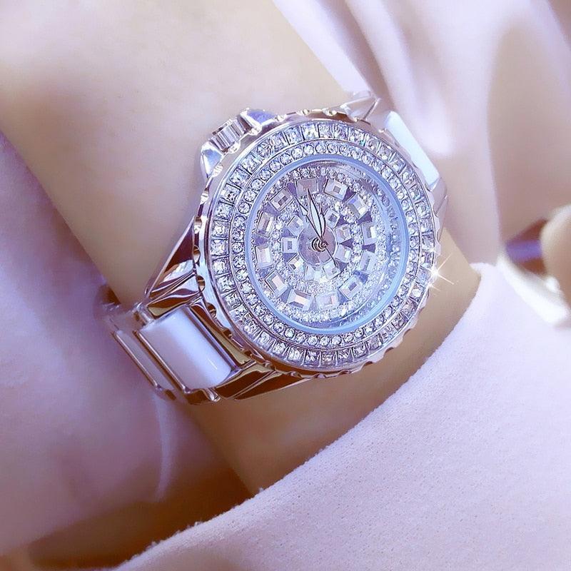 Full Simulated Diamonds Gold Colour Bracelet Ceramic Strap Waterproof Quartz Luxury Brand Women Watches - The Jewellery Supermarket