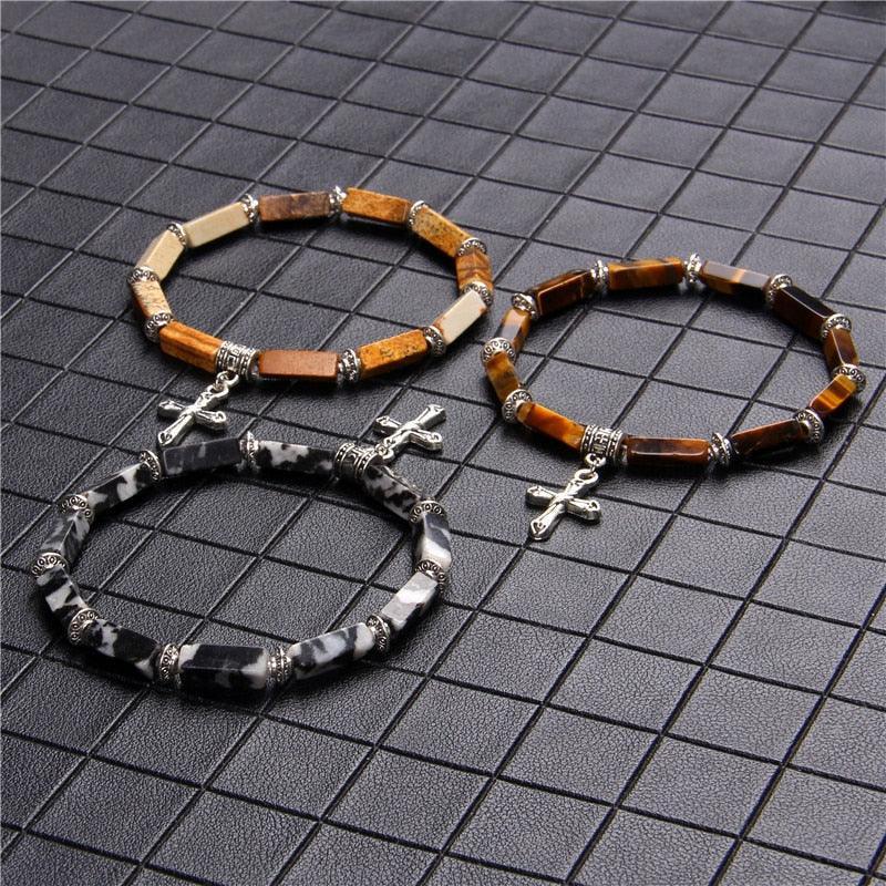 Fashion Cross Lapis lazuli, Natural Tiger Eye and Natural Stones Charms Pendant Bracelets - Christian Jewellery - The Jewellery Supermarket