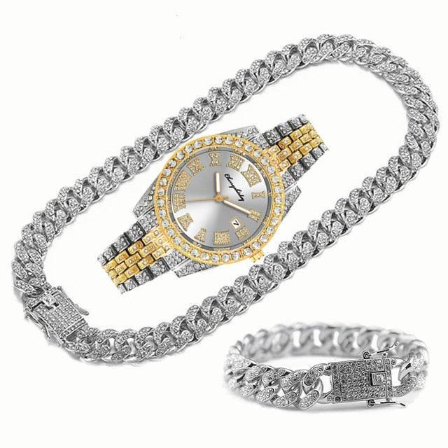 Full Iced Out Cuban Link Chain Bracelet Necklace Bling Jewellery for Men - Big Gold Colur Chains Hip Hop Watch Set - The Jewellery Supermarket