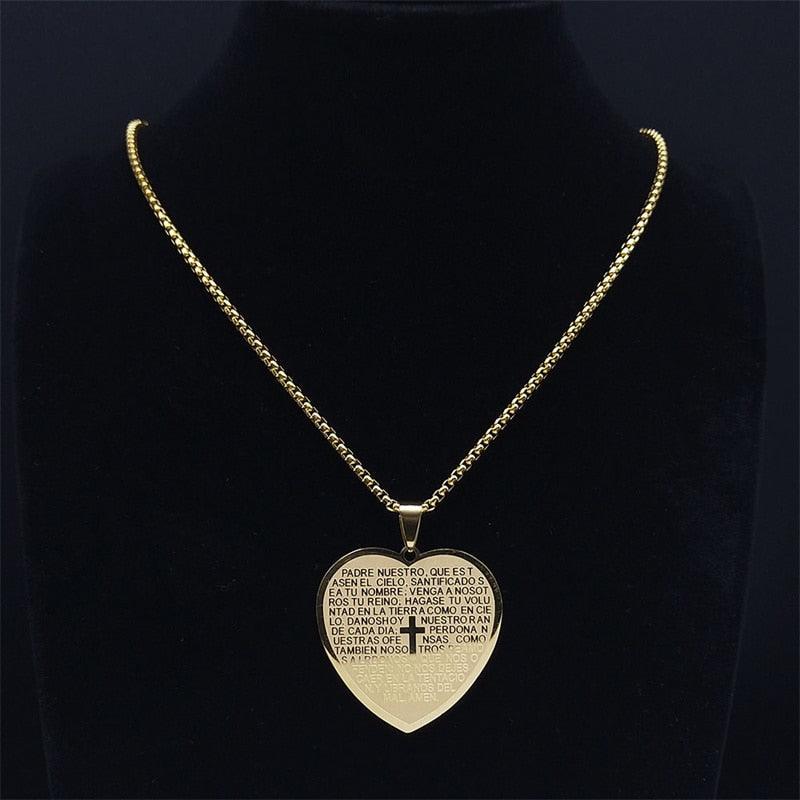 Bible Verse Projection Cross Necklace Stainless Steel Spanish Lord's Prayer Religious Chain Necklaces - The Jewellery Supermarket