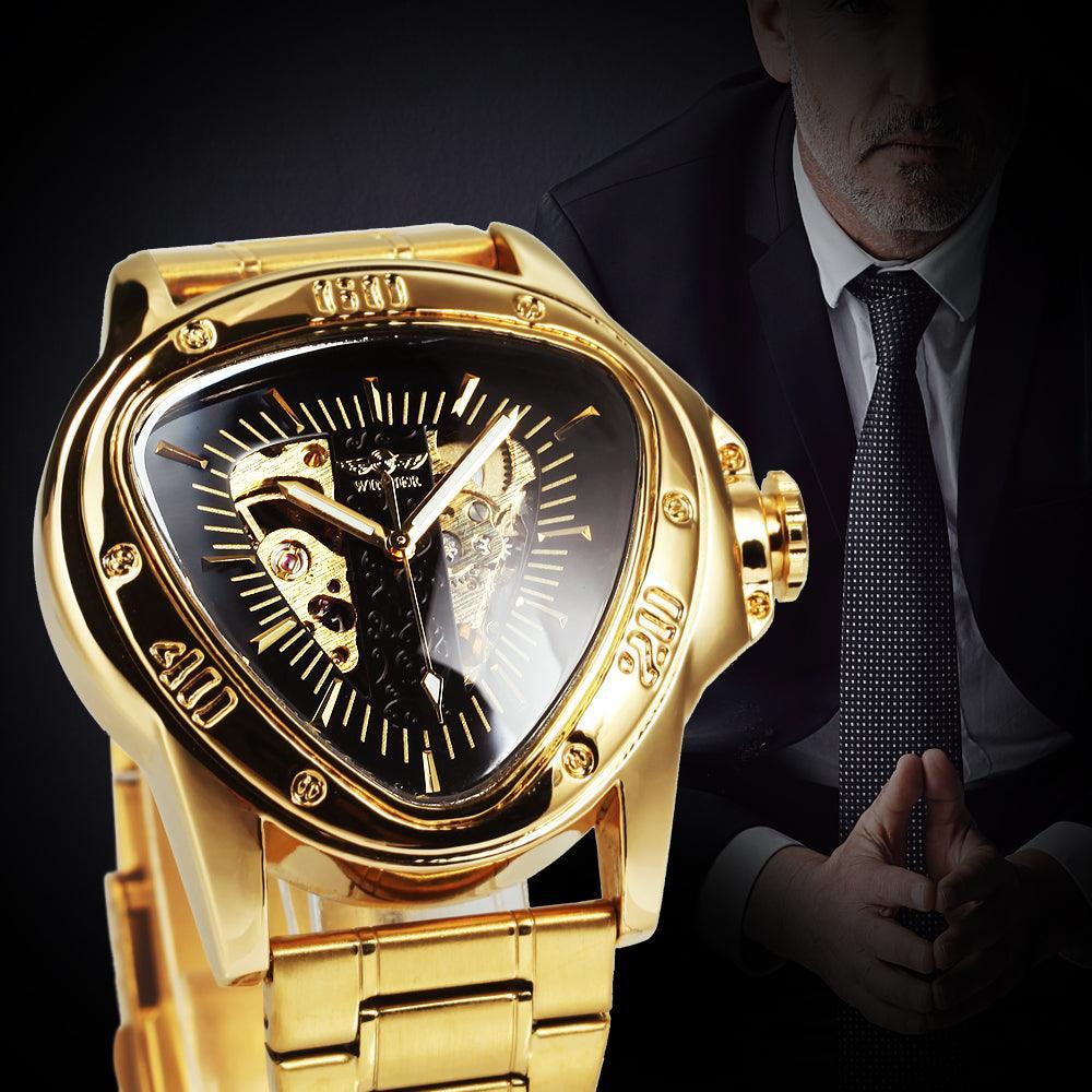NEW - Men Golden Triangle Skeleton Mechanical Automatic Sport Watch - The Jewellery Supermarket