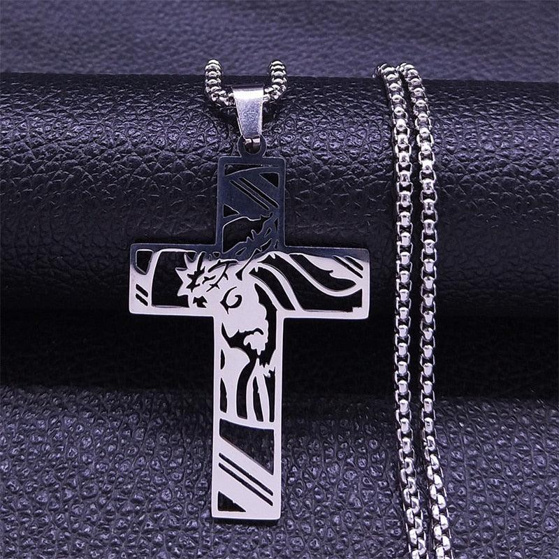 Christ Cross, Jesus Crown of Thorns Stainless Steel Crucifix Necklace - Religious Jewellery  - The Jewellery Supermarket