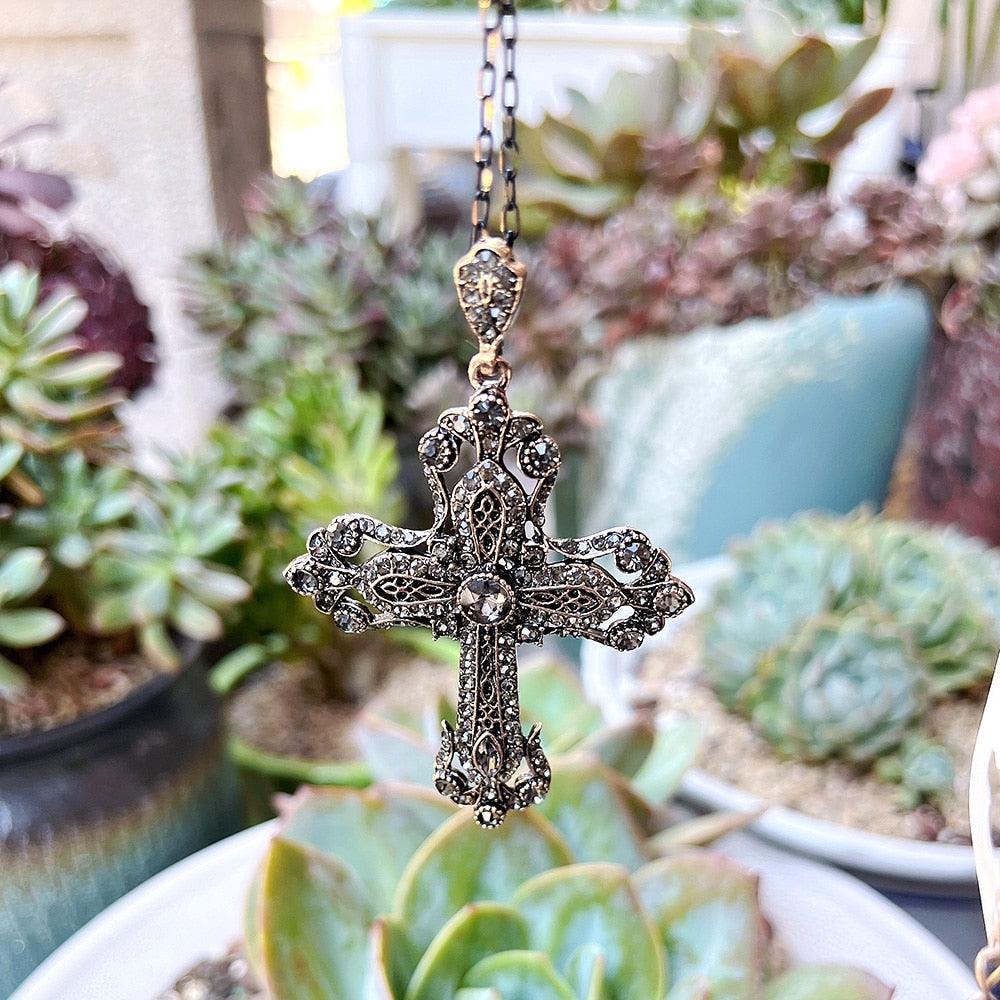 Antique Gold Color  Christian Pendant Necklace - Religious Jewelry Flower Cross Necklace For Women - The Jewellery Supermarket