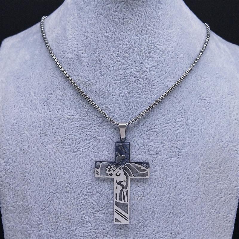 Christ Cross, Jesus Crown of Thorns Stainless Steel Crucifix Necklace - Religious Jewellery  - The Jewellery Supermarket