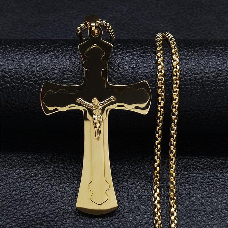 Gold Silver Color Stainless Steel Multilayer Big Long Cross Jesus Pendant Necklace for Women/Men Jewellery  - The Jewellery Supermarket