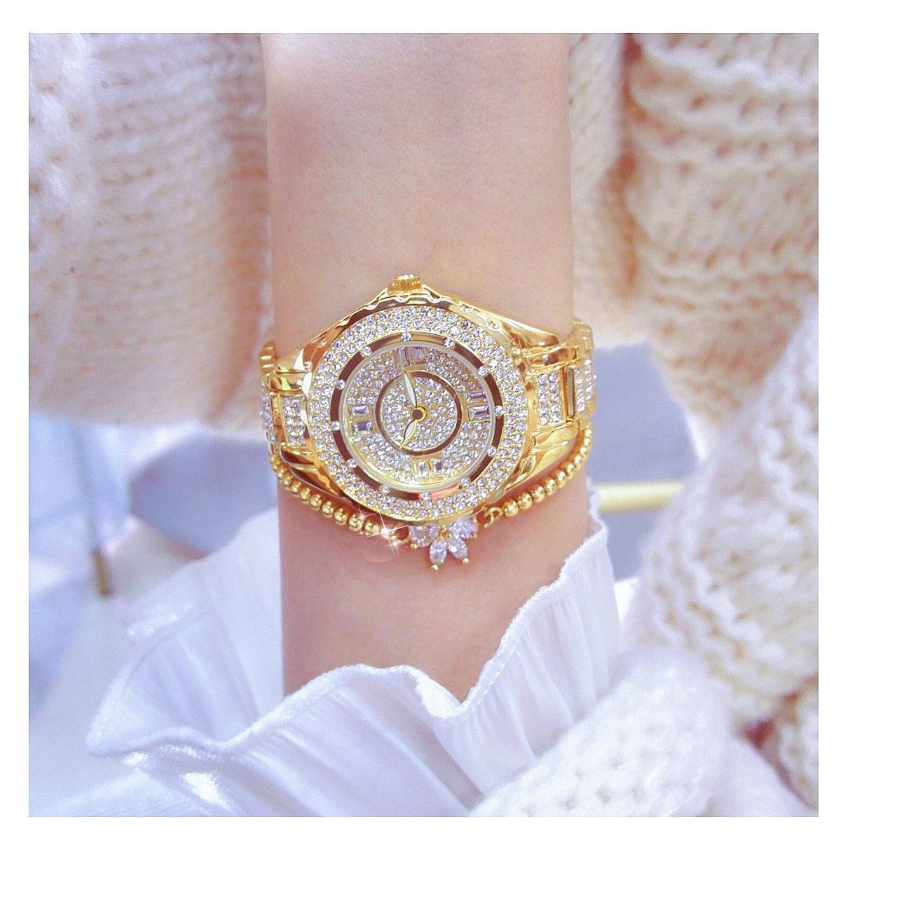 Fashion Bling Simulated Diamonds Gold Rose Gold Silver Original Elegant Ladies Watch With Bracelet Set - Ideal Gift - The Jewellery Supermarket