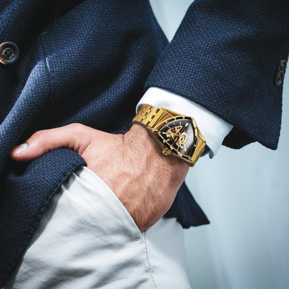 NEW - Luxury Men Gold Black Triangle Skeleton Automatic Mechanical Wristwatch Irregular Watch - The Jewellery Supermarket