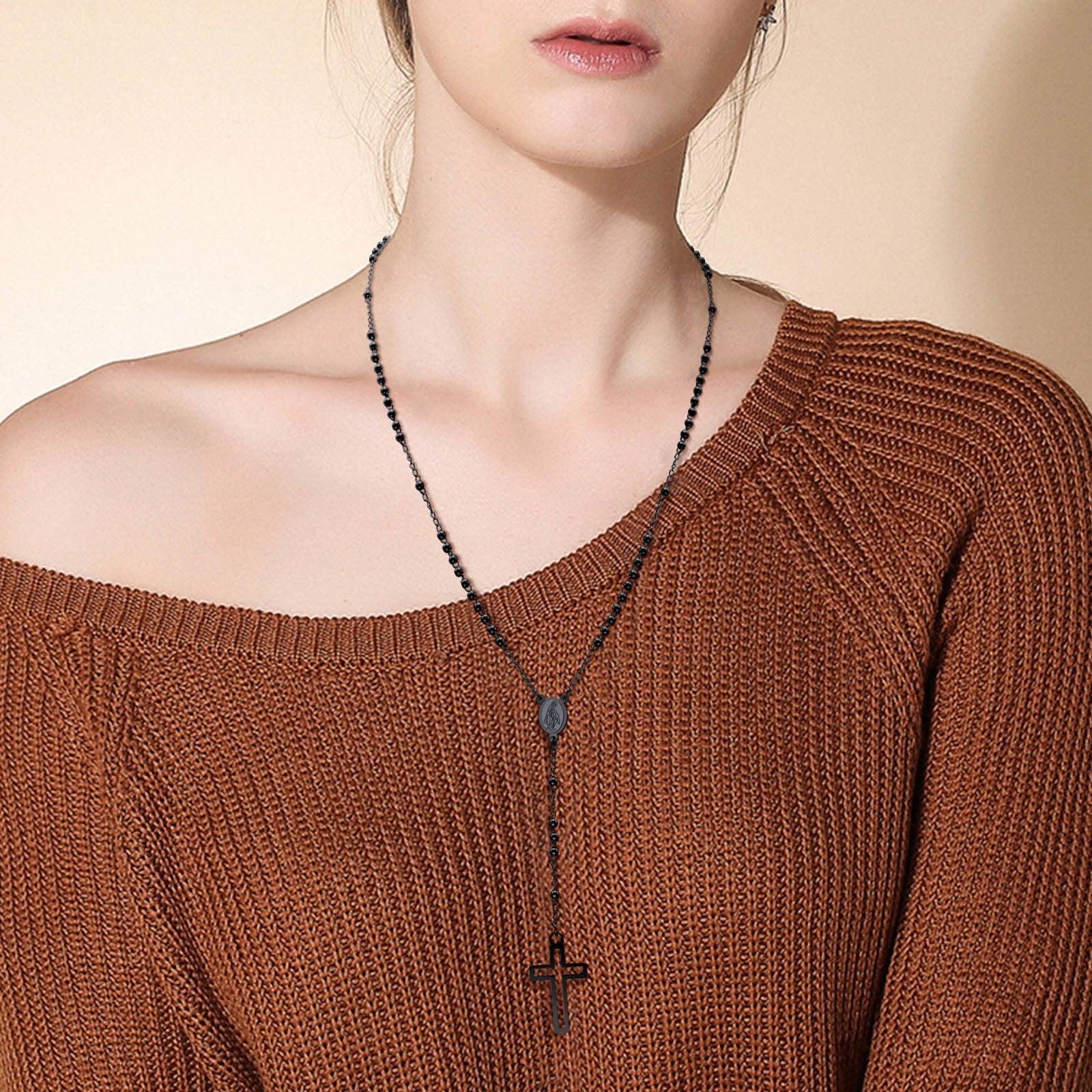 Black Gold Color Stainless Steel Women Cross Rosary Necklace Cross Pendant - Prayer Church Jewellery - The Jewellery Supermarket