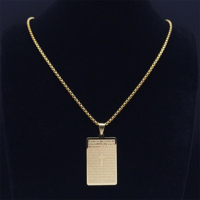 Christian Cross Bible Verse Prayer Necklace - Stainless Steel Portuguese Religious Necklaces - The Jewellery Supermarket