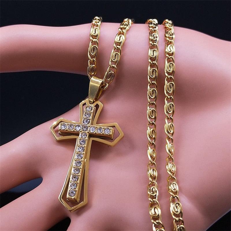 Attractive Catholic Cross Amulet CZ Crystal Gold Color Stainless Steel Pendant Chain Necklace - Christian Jewellery - The Jewellery Supermarket