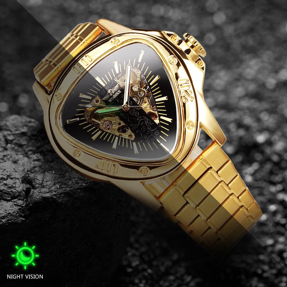 NEW - Men Golden Triangle Skeleton Mechanical Automatic Sport Watch - The Jewellery Supermarket