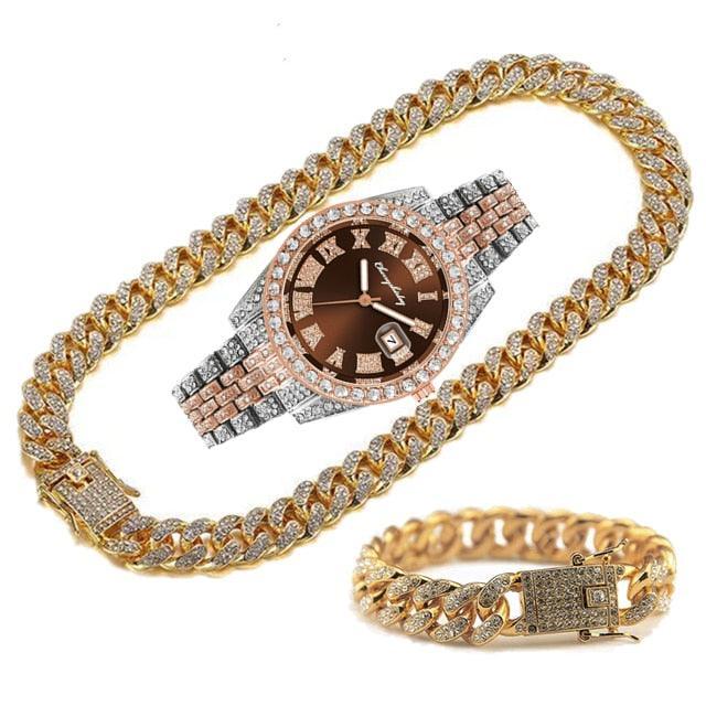 Full Iced Out Cuban Link Chain Bracelet Necklace Bling Jewellery for Men - Big Gold Colur Chains Hip Hop Watch Set - The Jewellery Supermarket