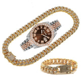 Full Iced Out Cuban Link Chain Bracelet Necklace Bling Jewellery for Men - Big Gold Colur Chains Hip Hop Watch Set - The Jewellery Supermarket