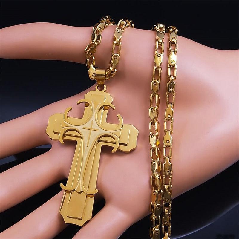 Glorious Stainless Steel Gold Colour Christ God Chain Big Cross Necklace - Christian Jewellery - The Jewellery Supermarket