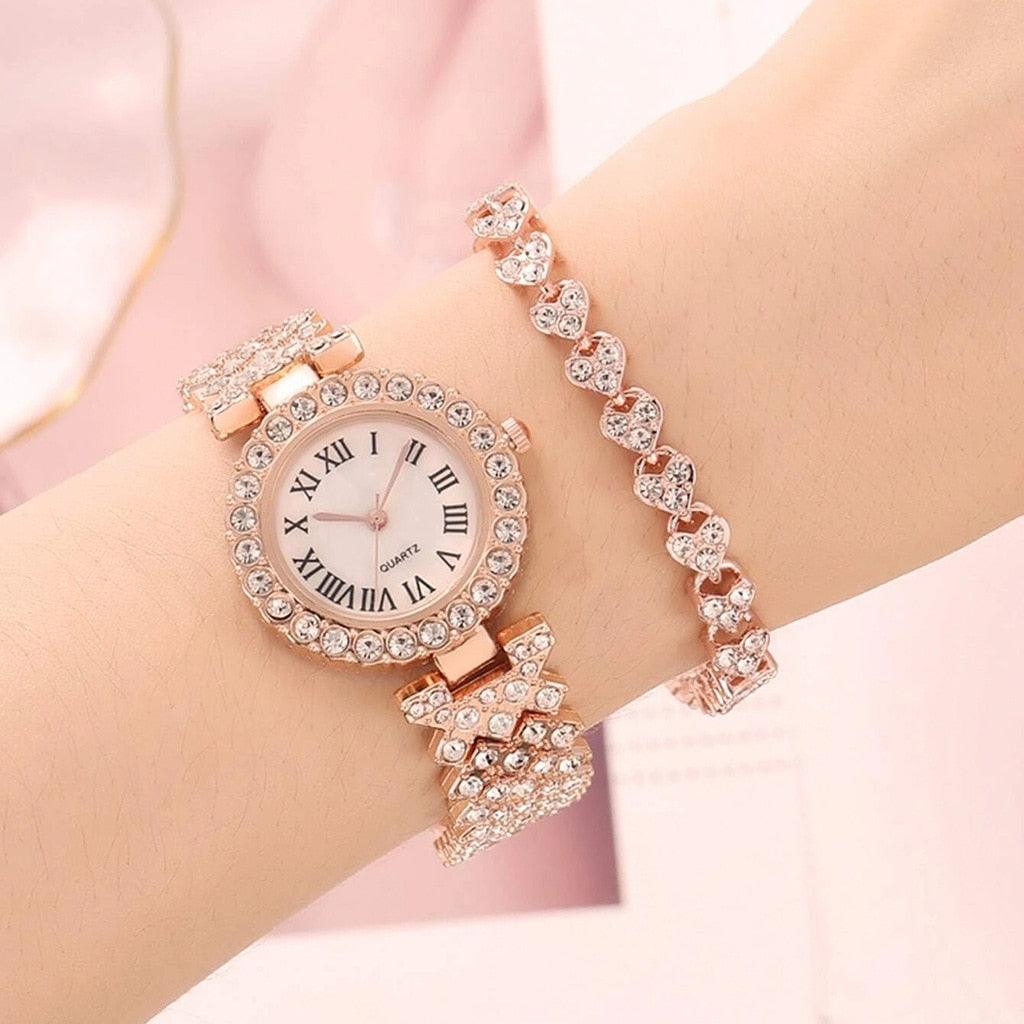 Best Selling Luxury Blig Fashion Brand Simulated Diamonds Steel Band Watch Bracelet Set - Ideal Gifts - The Jewellery Supermarket
