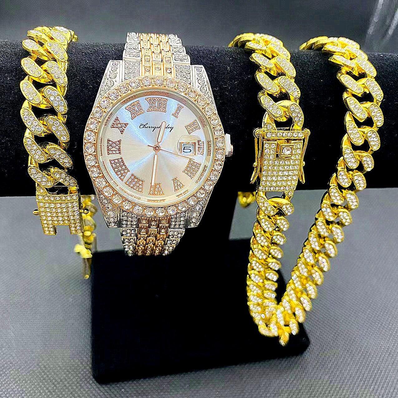 Full Iced Out Cuban Link Chain Bracelet Necklace Bling Jewellery for Men - Big Gold Colur Chains Hip Hop Watch Set - The Jewellery Supermarket