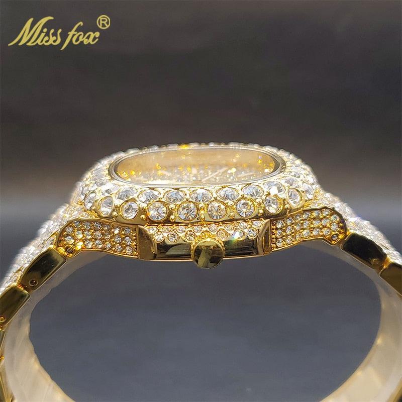 Outstanding Simulated Diamonds Iced Out Hip Hop Stylish Quartz Double Dial Heavy Gold Colour Watch For Men - The Jewellery Supermarket