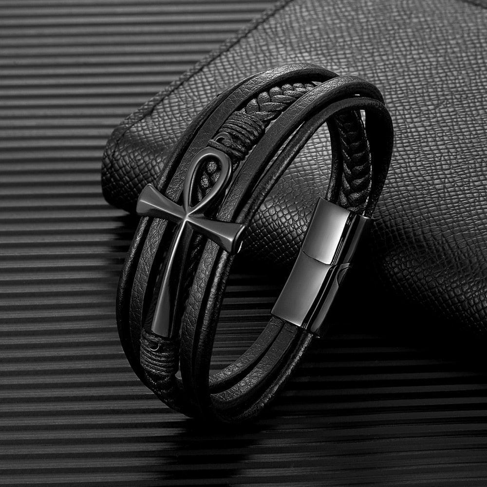 Classic Cross Egyptian Ankh Life Symbol Antique Multilayer 316L Magnetic Clasp Wrap Leather Bracelet - Religious Bangle - The Jewellery Supermarket