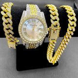 Full Iced Out Cuban Link Chain Bracelet Necklace Bling Jewellery for Men - Big Gold Colur Chains Hip Hop Watch Set - The Jewellery Supermarket