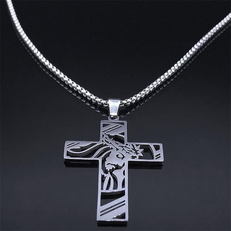 Christ Cross, Jesus Crown of Thorns Stainless Steel Crucifix Necklace - Religious Jewellery  - The Jewellery Supermarket