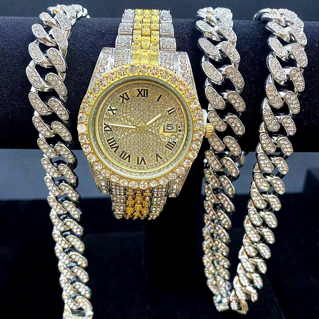 Full Iced Out Cuban Link Chain Bracelet Necklace Bling Jewellery for Men - Big Gold Colur Chains Hip Hop Watch Set - The Jewellery Supermarket
