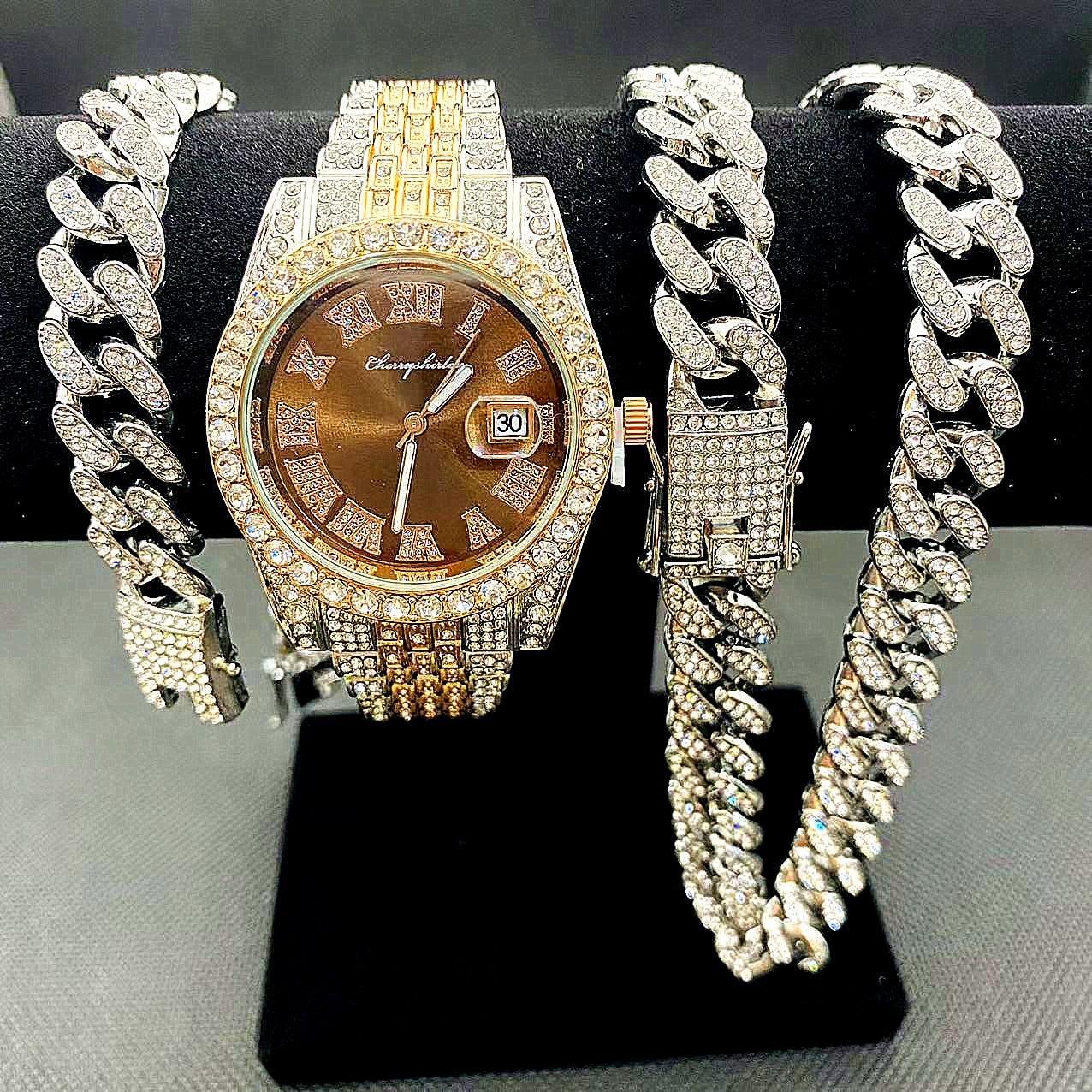 Full Iced Out Cuban Link Chain Bracelet Necklace Bling Jewellery for Men - Big Gold Colur Chains Hip Hop Watch Set - The Jewellery Supermarket
