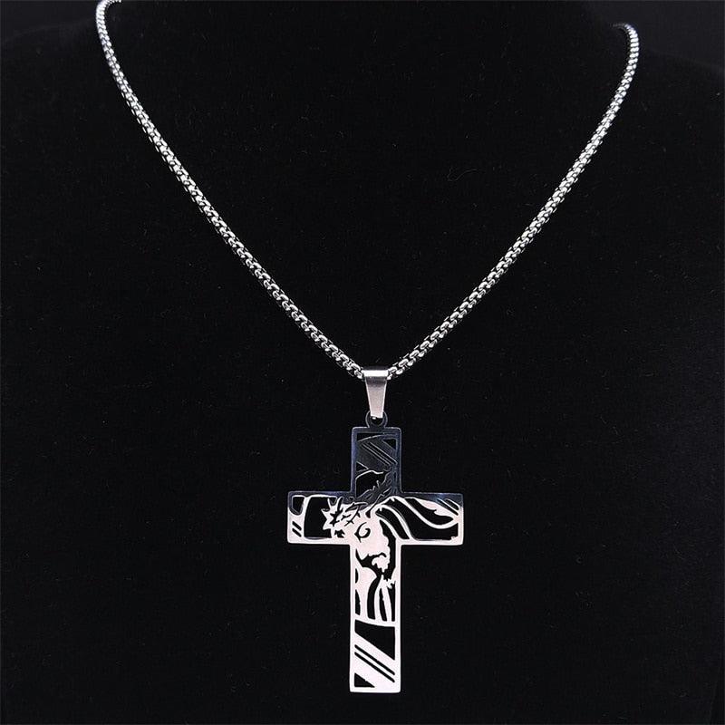 Christ Cross, Jesus Crown of Thorns Stainless Steel Crucifix Necklace - Religious Jewellery  - The Jewellery Supermarket