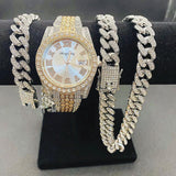 Full Iced Out Cuban Link Chain Bracelet Necklace Bling Jewellery for Men - Big Gold Colur Chains Hip Hop Watch Set - The Jewellery Supermarket