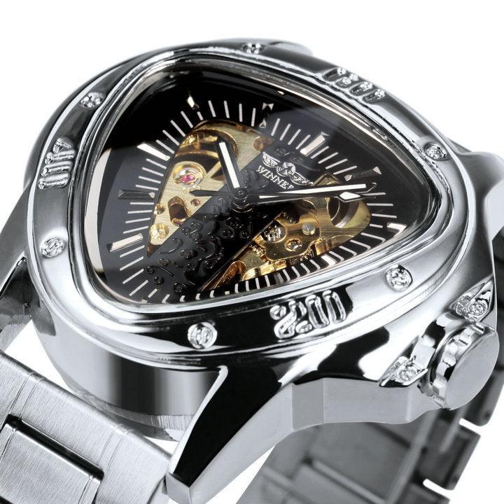 NEW - Men Golden Triangle Skeleton Mechanical Automatic Sport Watch - The Jewellery Supermarket