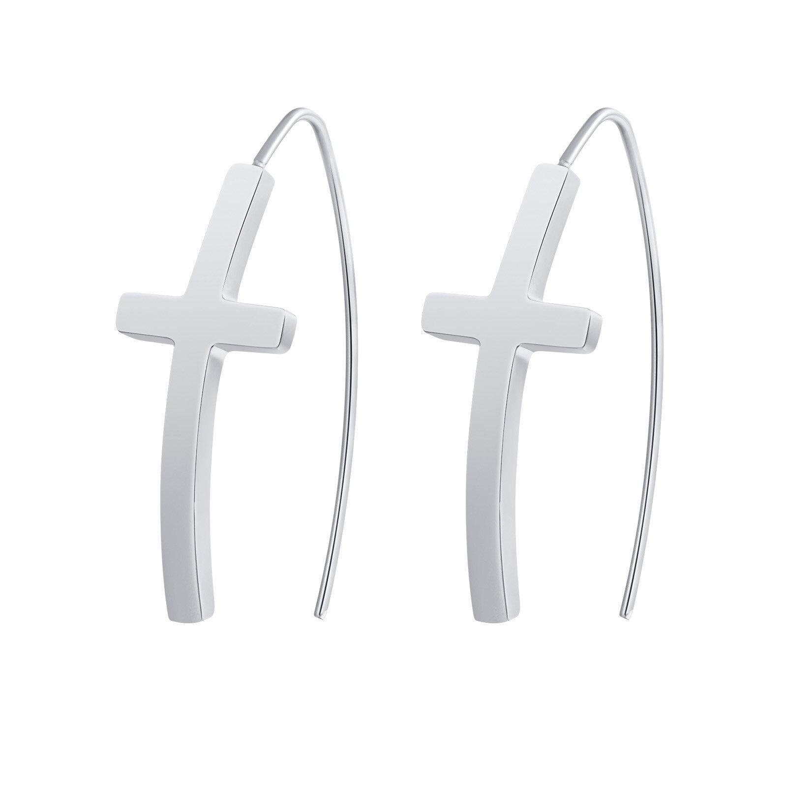 Cross Fish Hoop Earrings, Stainless Steel Cruz Earring Dangle ,Simple Wire Thread Minimalist Christian Jewellery - The Jewellery Supermarket