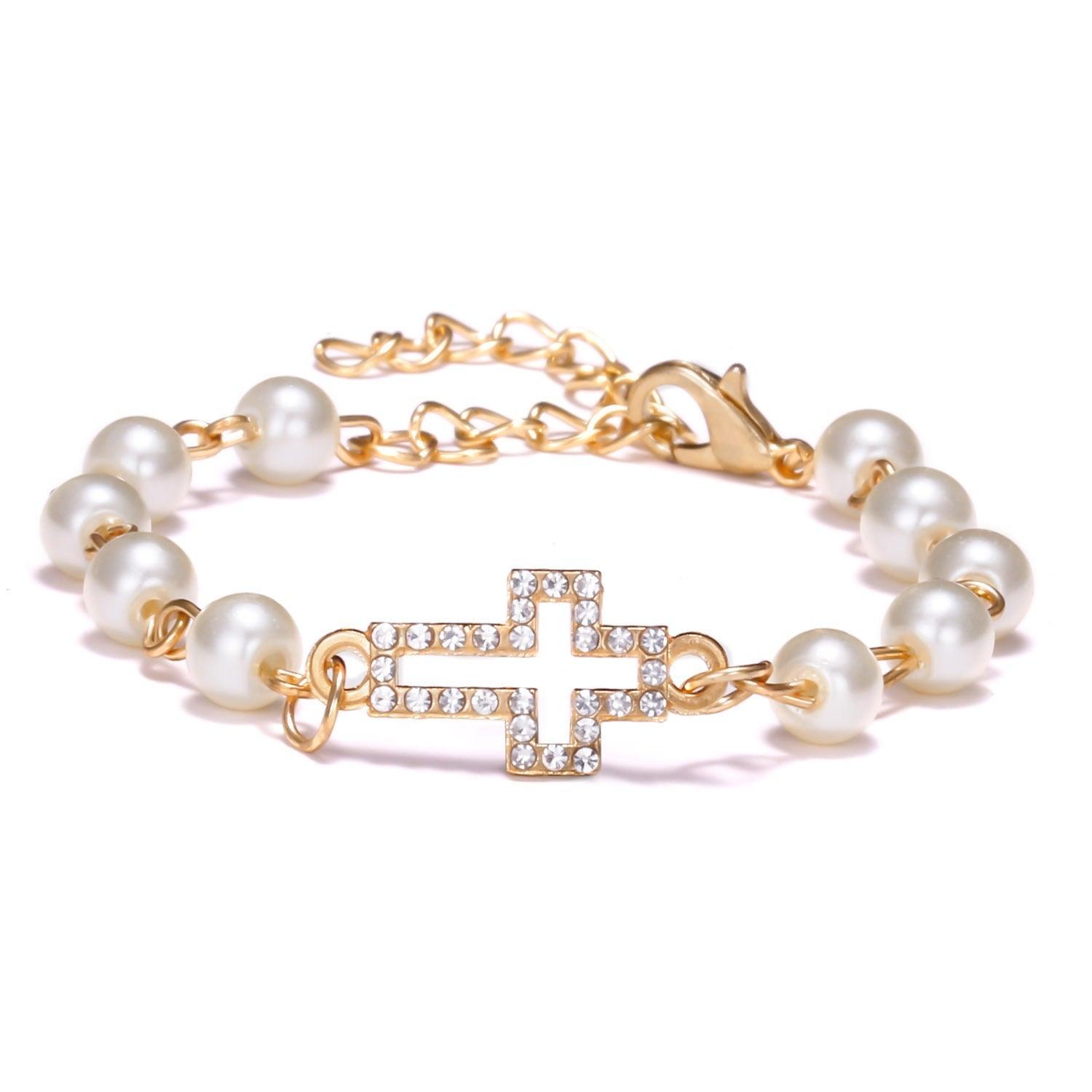LOWEST PRICE Cross Design Adjustable Rhinestone Pearl Christian Bracelet For Women - Religious Jewellery - The Jewellery Supermarket