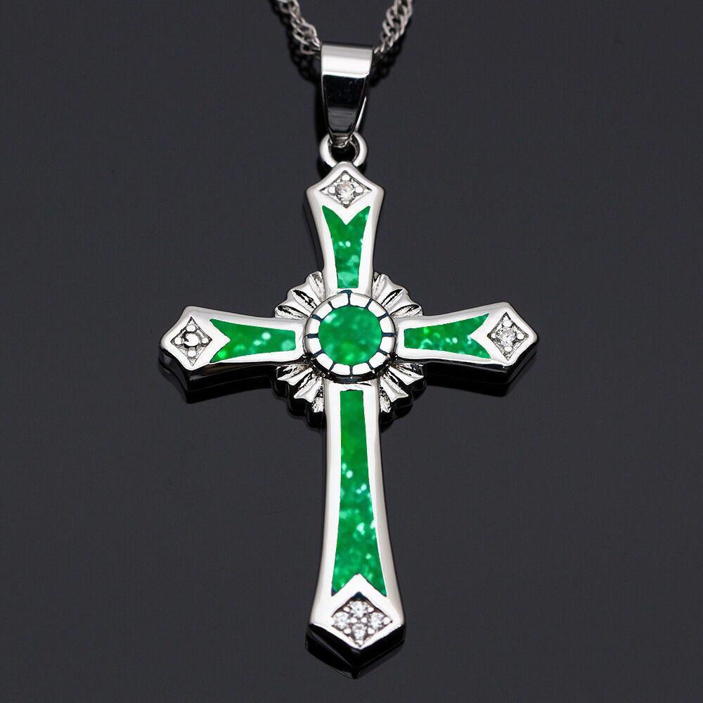 Fashion Necklace Charm White/Green/Blue Imitation Fire Opal Cross Unisex Pendants Necklaces - 
 Religious Jewellery - The Jewellery Supermarket