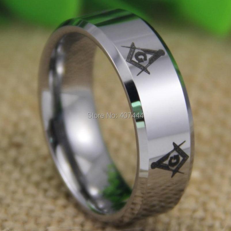 Shiny Silver Bevel The New Freemason Masonic Mens Tungsten Wedding Ring - The Jewellery Supermarket