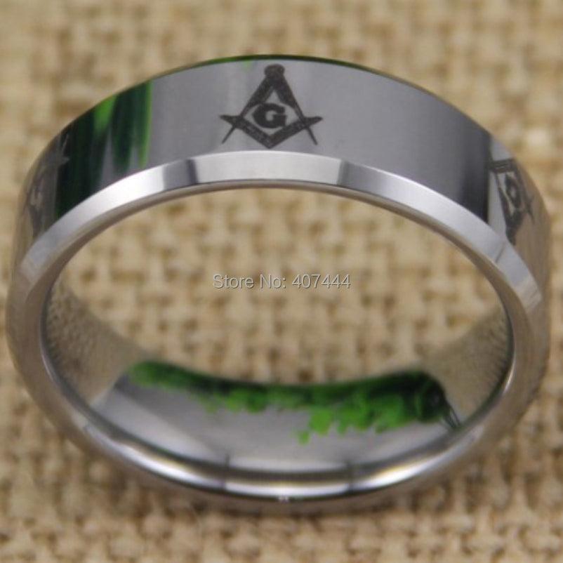 Shiny Silver Bevel The New Freemason Masonic Mens Tungsten Wedding Ring - The Jewellery Supermarket