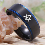Great Gifts - Masonic Design Black Blue Tungsten Wedding Ring - The Jewellery Supermarket
