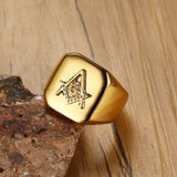 High Polished Stainless Steel Gold Tone Men's Masonic Compass Square Big Ring - The Jewellery Supermarket