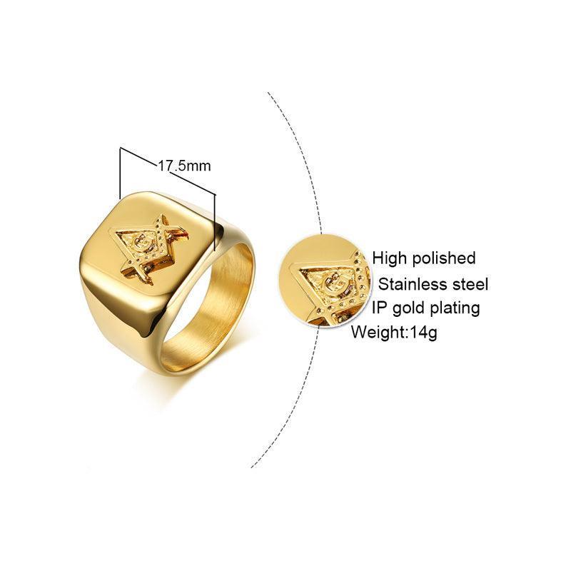 High Polished Stainless Steel Gold Tone Men's Masonic Compass Square Big Ring - The Jewellery Supermarket