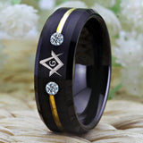 Black Golden Line White Crystals Masonic Tungsten Carbide Ring - The Jewellery Supermarket