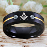 Black Golden Line White Crystals Masonic Tungsten Carbide Ring - The Jewellery Supermarket