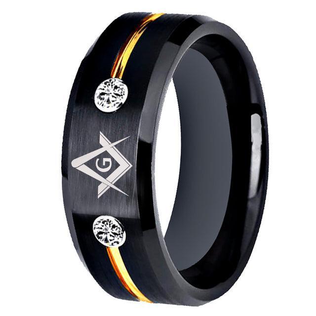 Black Golden Line White Crystals Masonic Tungsten Carbide Ring - The Jewellery Supermarket