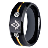Black Golden Line White Crystals Masonic Tungsten Carbide Ring