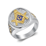 Blue Enamel Gold Tone Stainless Steel Freemason Signet Rings