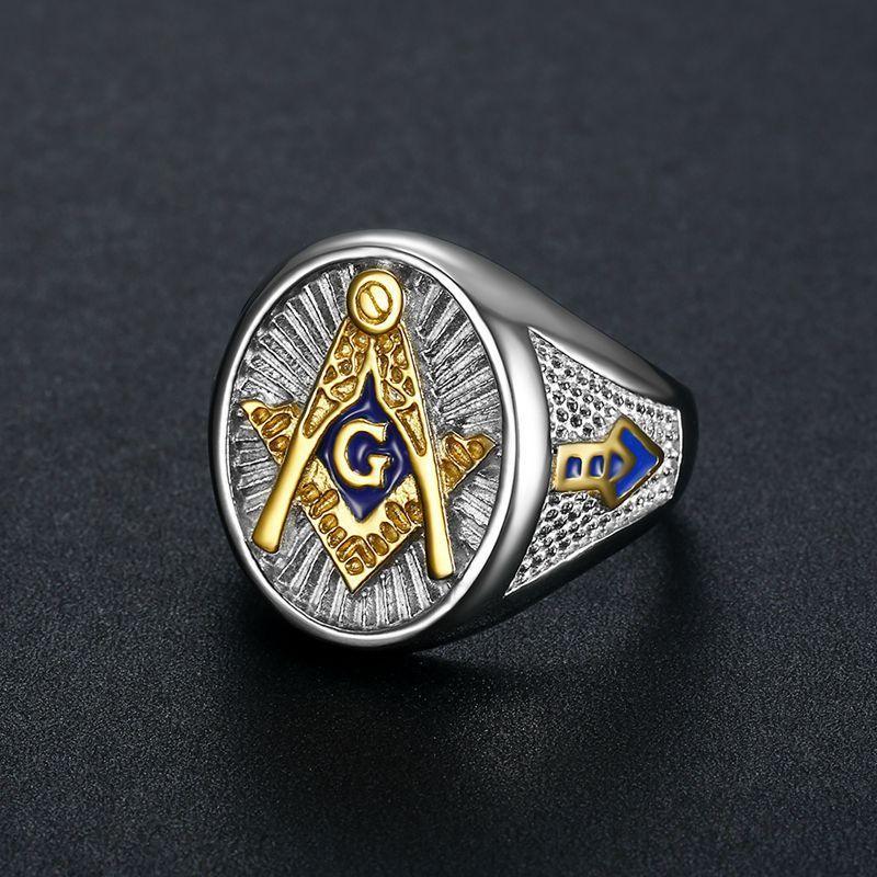 Blue Enamel Gold Tone Stainless Steel Freemason Signet Rings - The Jewellery Supermarket