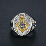 Blue Enamel Gold Tone Stainless Steel Freemason Signet Rings - The Jewellery Supermarket
