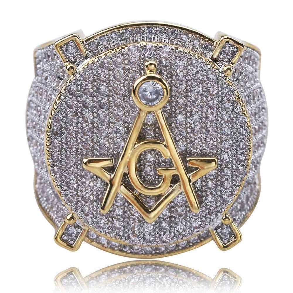 Gold Color Plated Brass Iced Out Micro Pave Cubic Zircon Masonic Ring - The Jewellery Supermarket