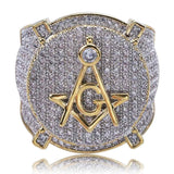 Gold Color Plated Brass Iced Out Micro Pave Cubic Zircon Masonic Ring - The Jewellery Supermarket