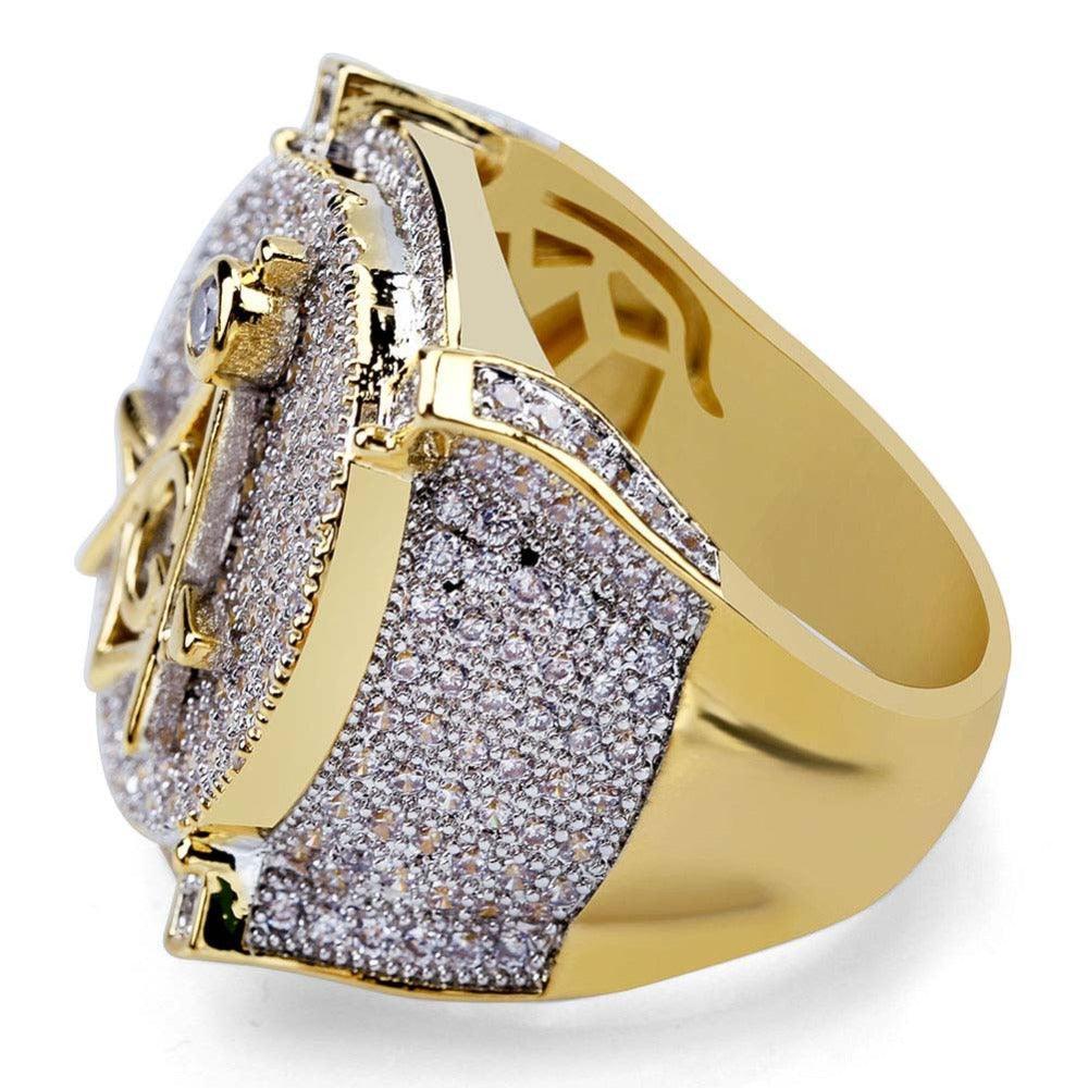 Gold Color Plated Brass Iced Out Micro Pave Cubic Zircon Masonic Ring - The Jewellery Supermarket