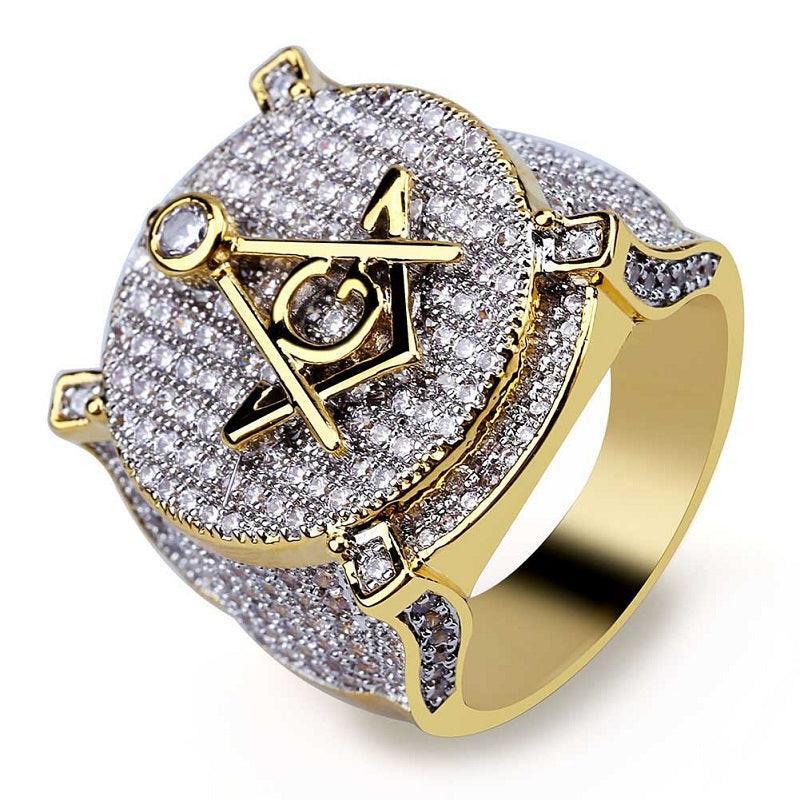 Gold Color Plated Brass Iced Out Micro Pave Cubic Zircon Masonic Ring - The Jewellery Supermarket
