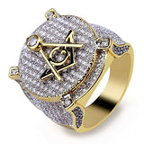 Gold Color Plated Brass Iced Out Micro Pave Cubic Zircon Masonic Ring - The Jewellery Supermarket