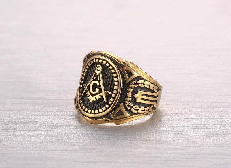Hot Vintage 316L Stainless Steel Gold Colour Men Retro Masonic Ring - The Jewellery Supermarket